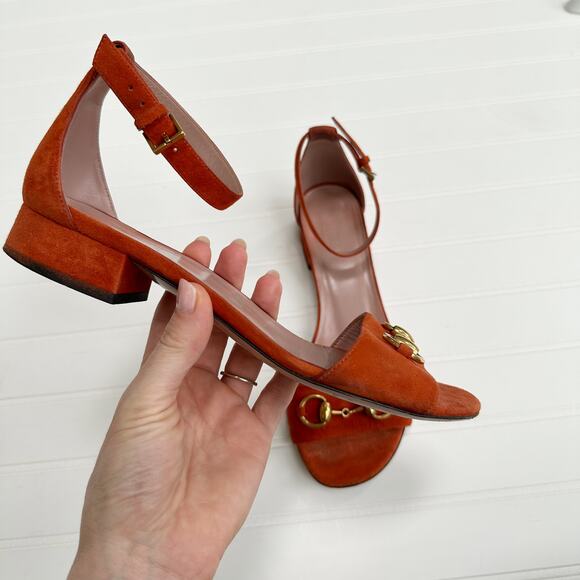 Gucci Horsebit Liliane Flat Suede Sandals Orange Gold Ankle Cuff Strap 37 - Picture 3 of 11